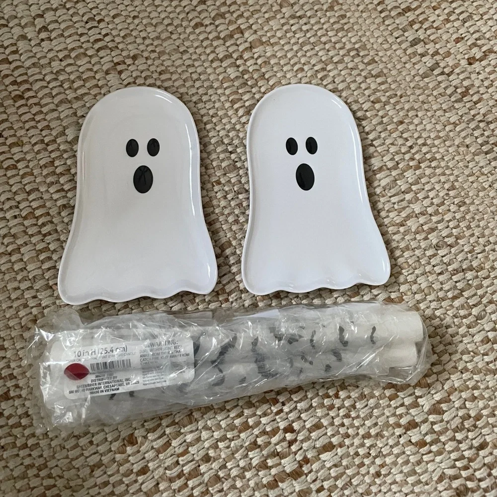 Ghost Shaped White Plates and 3- 10 inch high white candlesticks with black bats